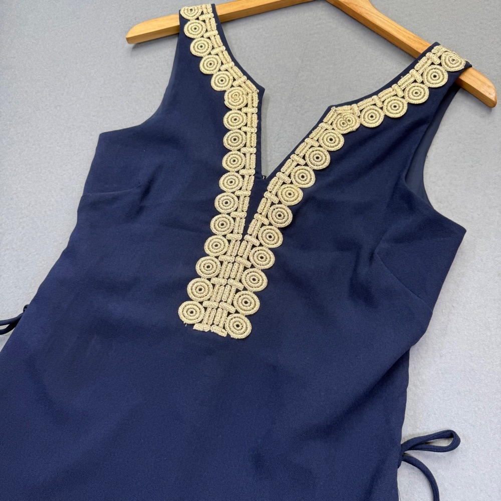Lilly Pulitzer Navy Blue Gold Soutache Trim Shift Dress 30375 Womens Size 0‎